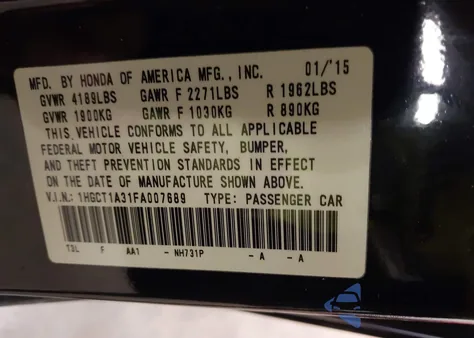 2015 Honda Accord Lx-S z USA, uszkodzony, nr VIN 1HGCT1A31FA007689